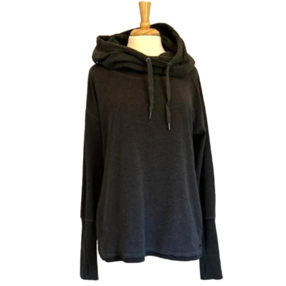 RARE Sweaty Betty XL fleece hoodie raw hem funnel neck charcoal gray